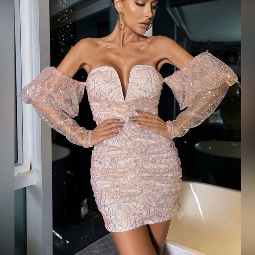 Shein Blush light pink off shoulder sequin contrast puff sleeve mess dress